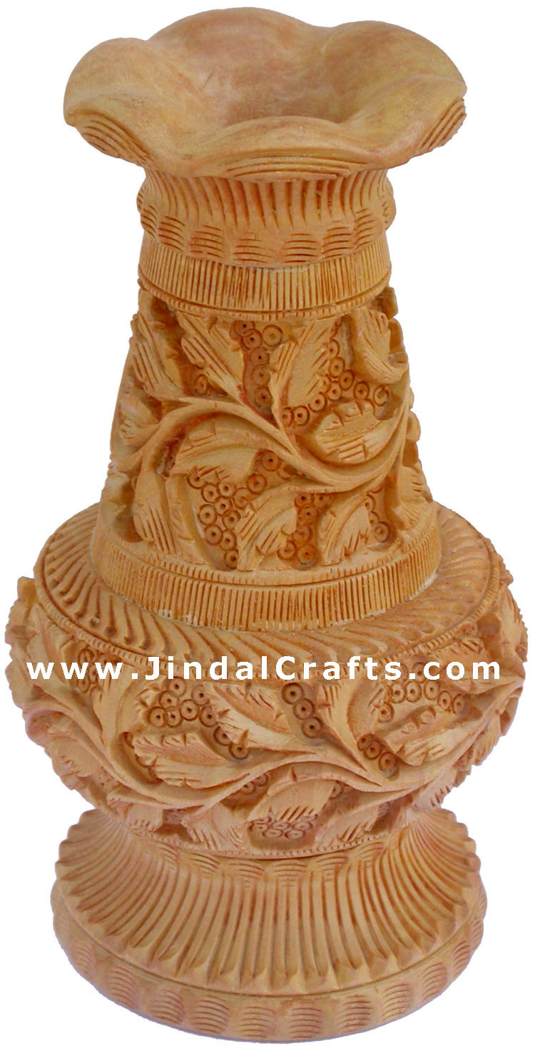Hand Carved Wooden Decorative Vase India Fair Trade Art