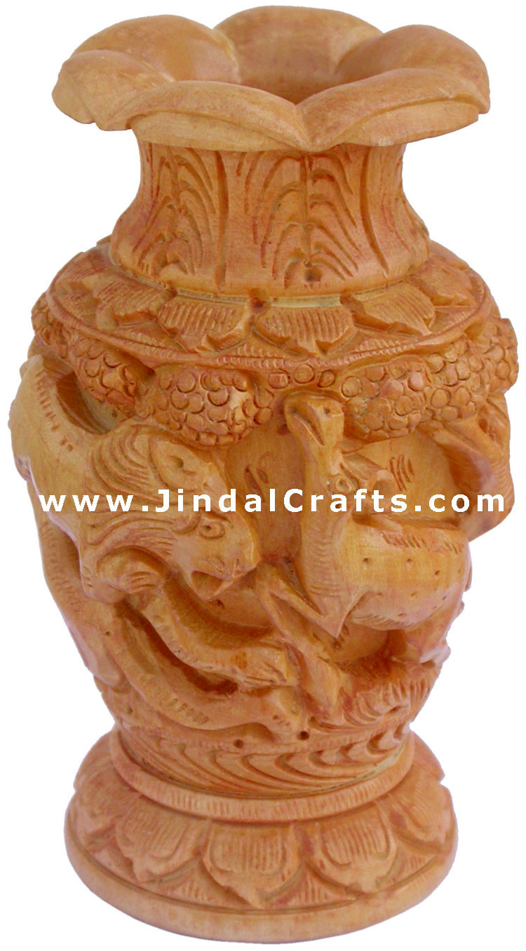 Hand Carved Wooden Decorative Vase India Fair Trade Art