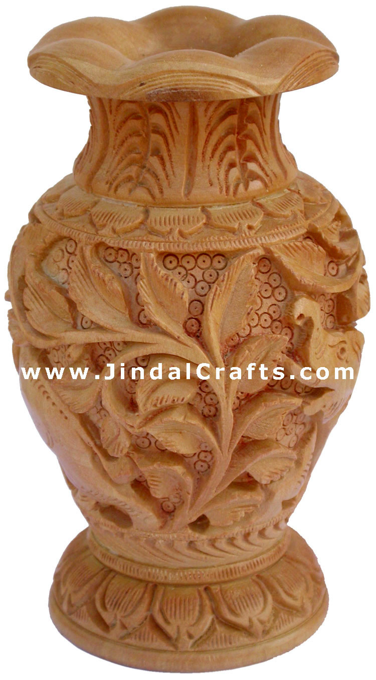 Hand Carved Wooden Decorative Vase India Fair Trade Art