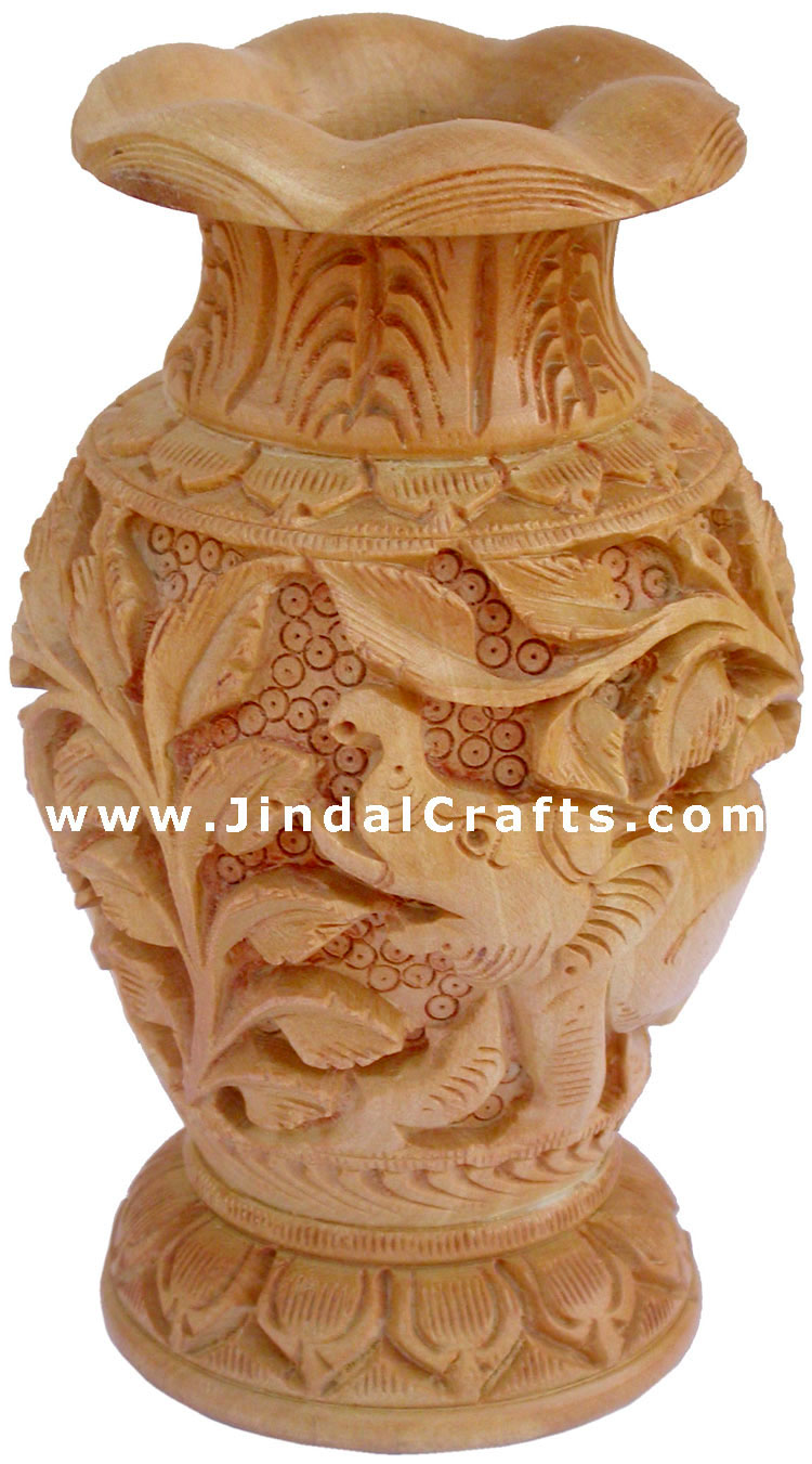 Hand Carved Wooden Decorative Vase India Fair Trade Art
