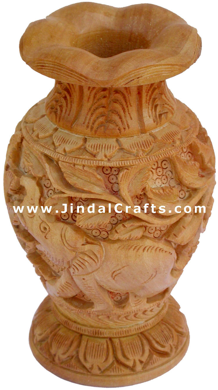 Hand Carved Wooden Decorative Vase India Fair Trade Art