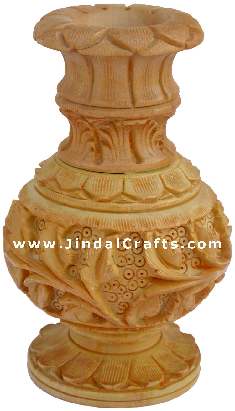 Hand Carved Wooden Decorative Vase India Fair Trade Art
