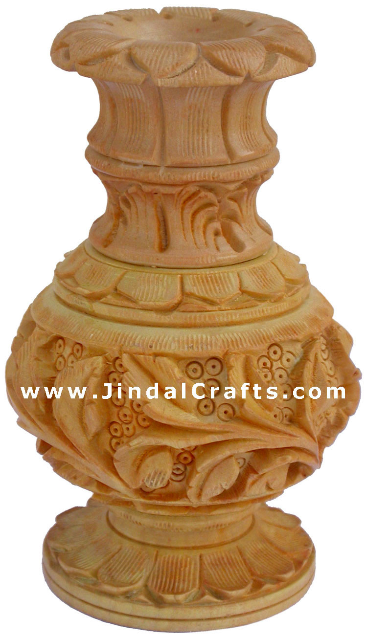 Hand Carved Wooden Decorative Vase India Fair Trade Art