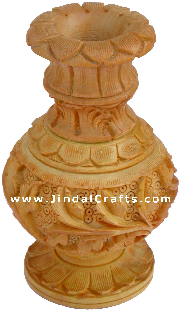 Hand Carved Wooden Decorative Vase India Fair Trade Art