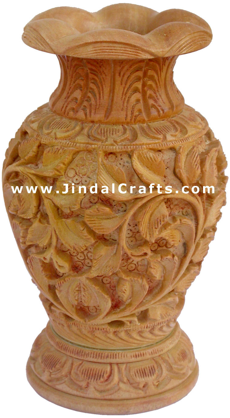 Hand Carved Wooden Decorative Vase India Fair Trade Art