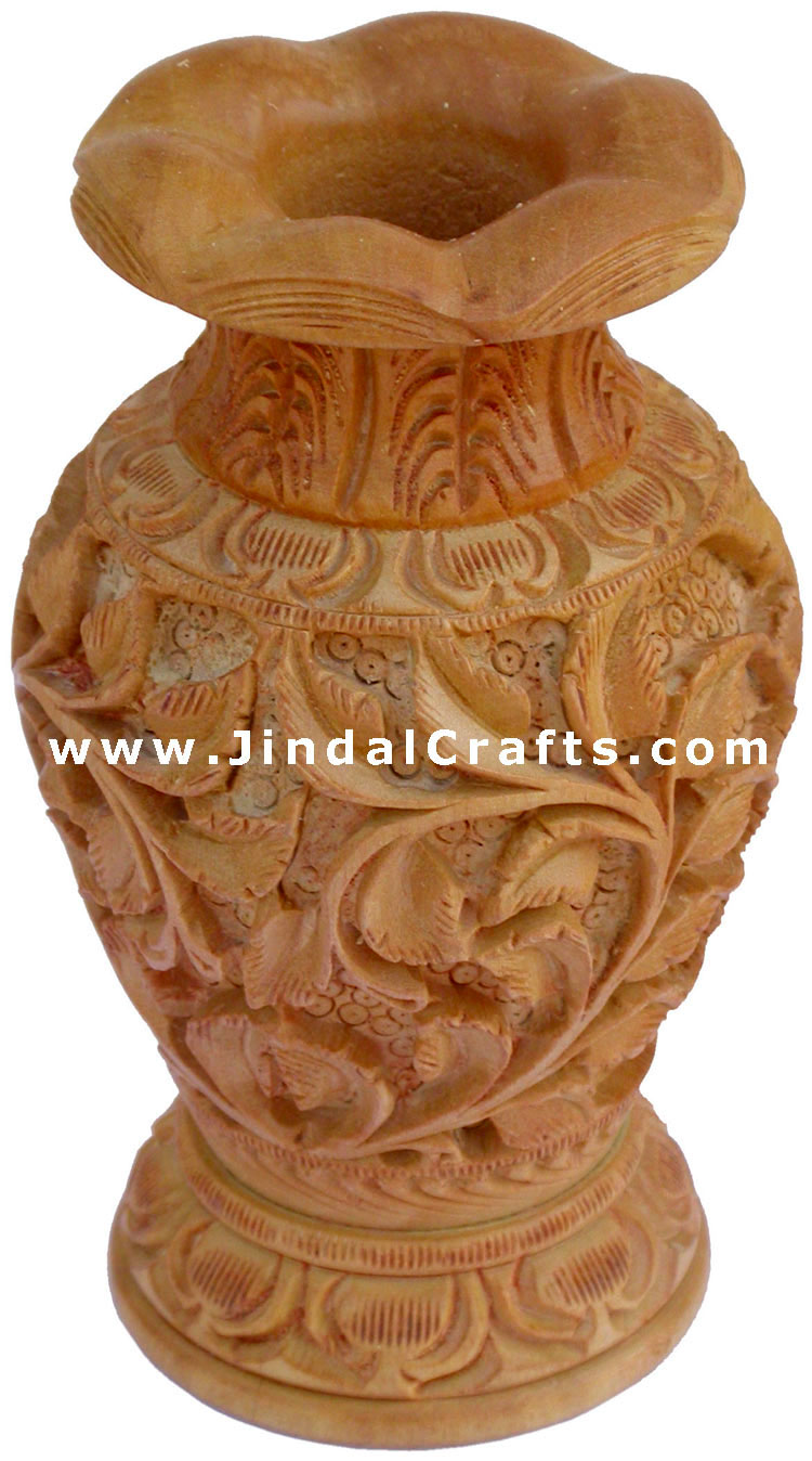 Hand Carved Wooden Decorative Vase India Fair Trade Art