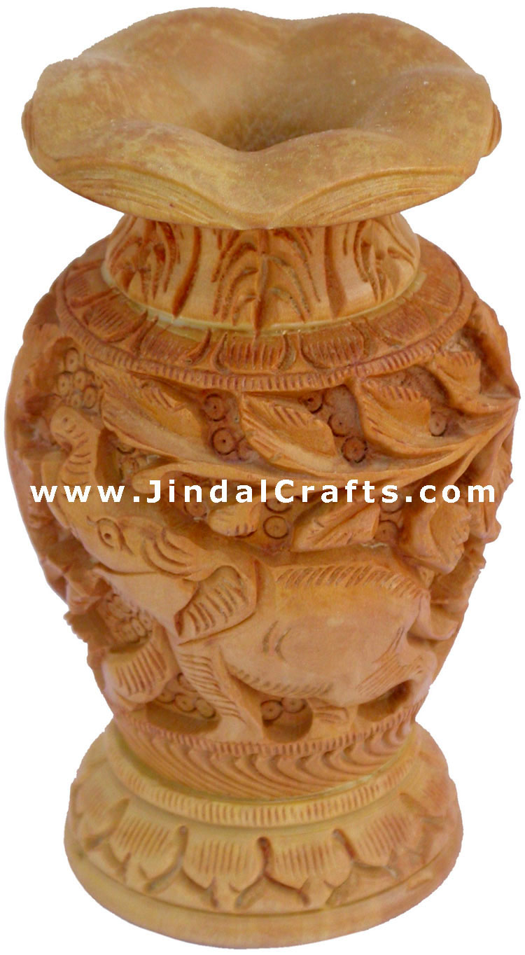 Hand Carved Wooden Decorative Vase India Fair Trade Art