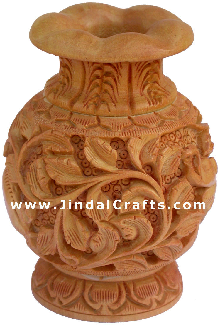 Hand Carved Wooden Decorative Vase India Fair Trade Art Leaf Carving Handmade