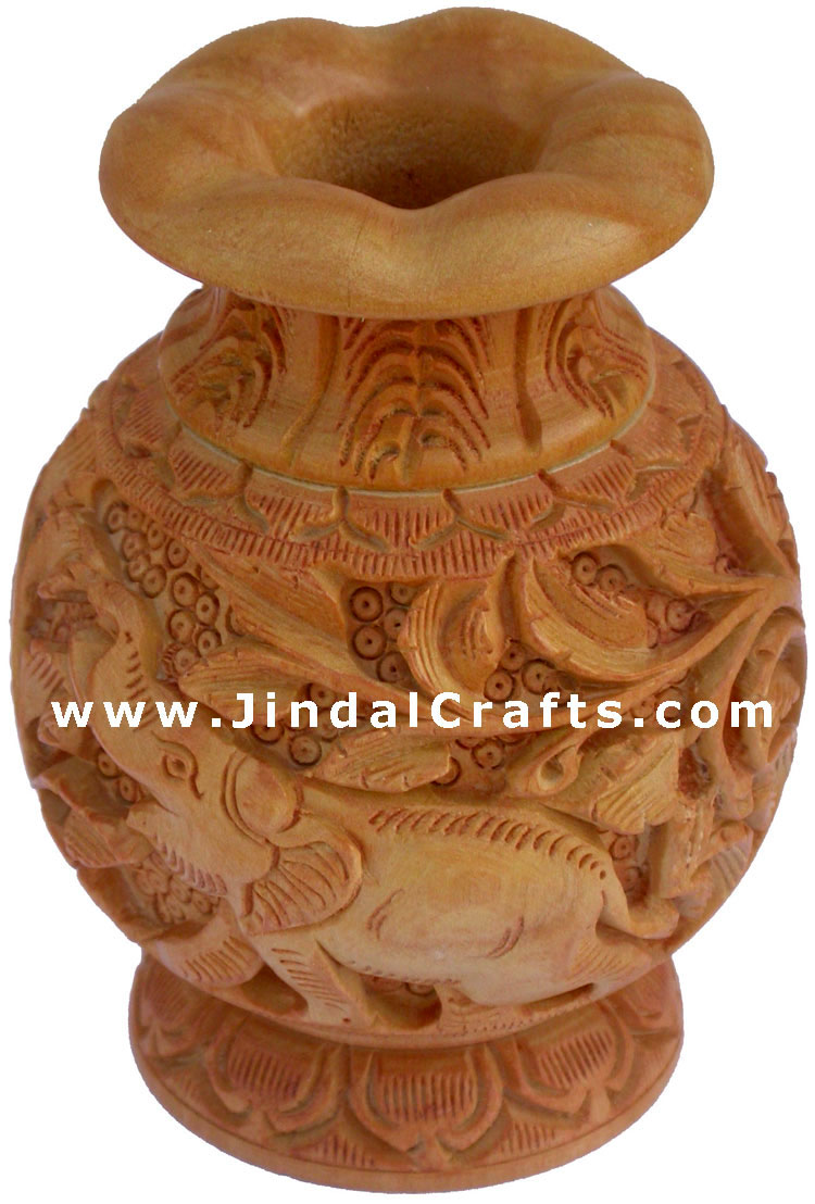 Hand Carved Wooden Decorative Vase India Fair Trade Art Leaf Carving Handmade