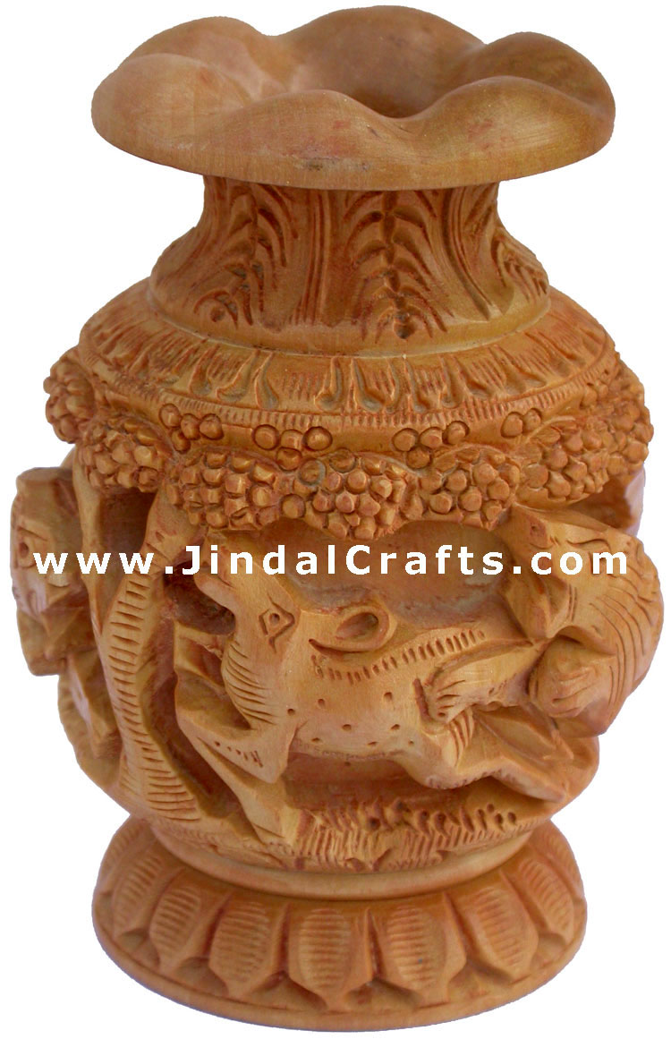 Hand Carved Wooden Decorative Vase India Fair Trade Art