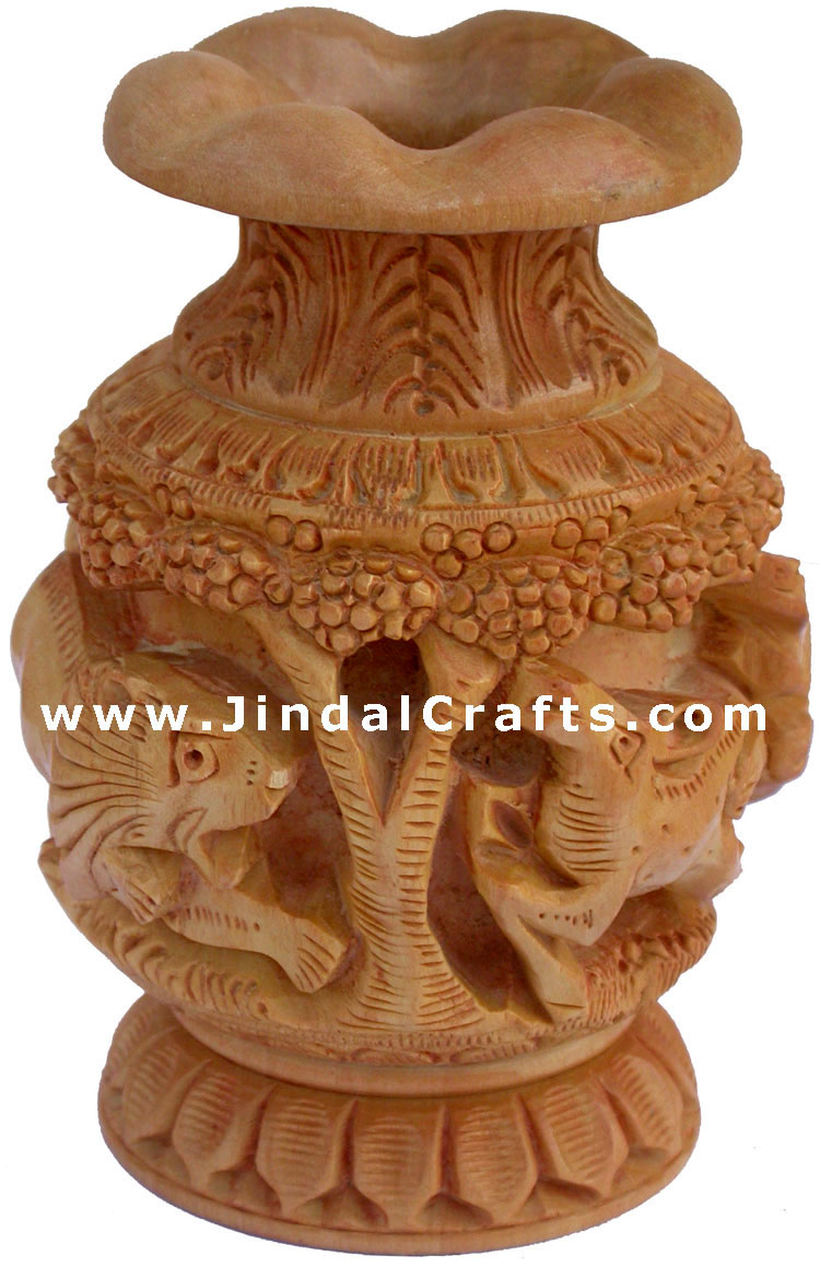 Hand Carved Wooden Decorative Vase India Fair Trade Art