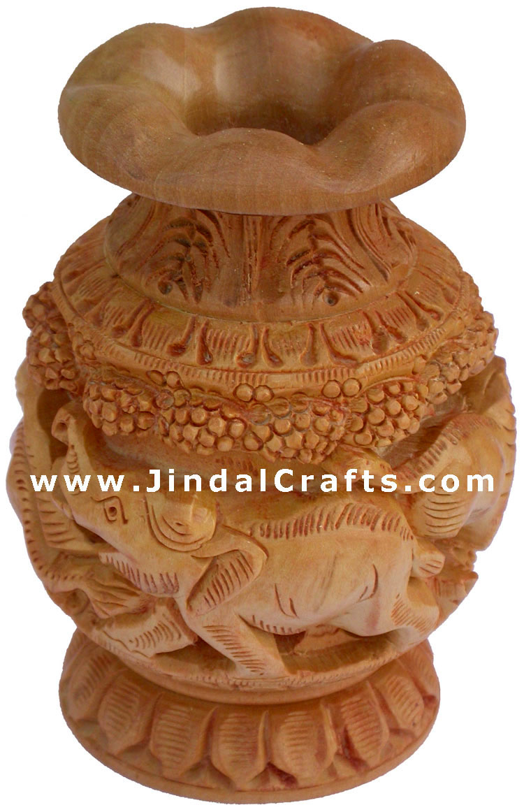 Hand Carved Wooden Decorative Vase India Fair Trade Art