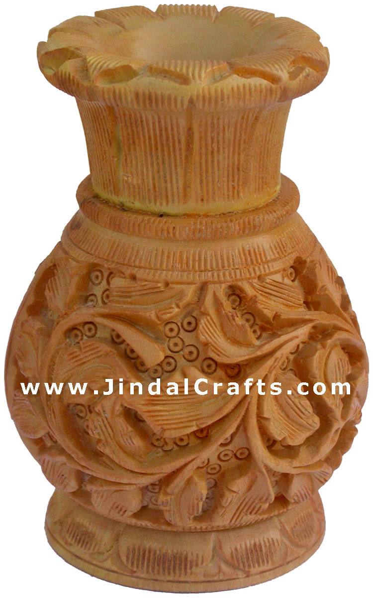 Hand Carved Wooden Decorative Vase India Fair Trade Art