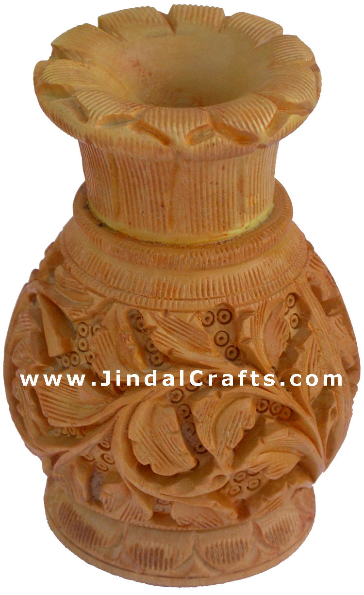 Hand Carved Wooden Decorative Vase India Fair Trade Art