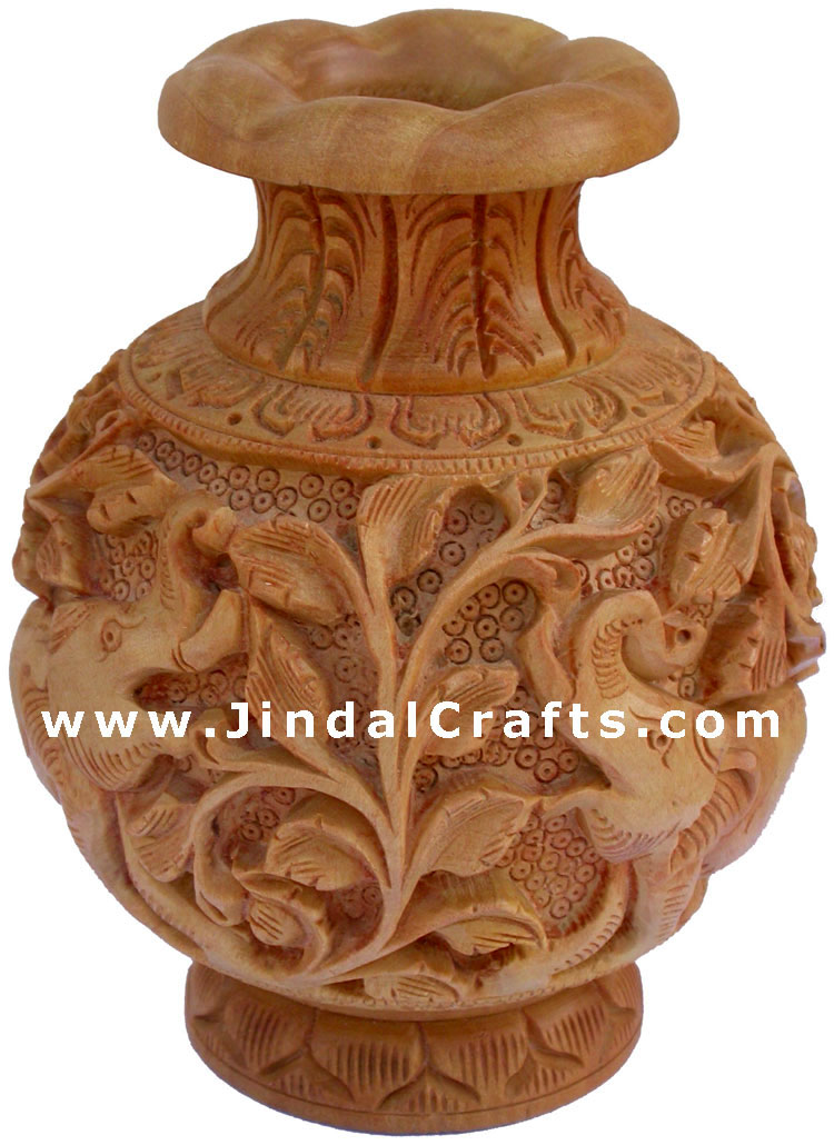 Hand Carved Wooden Decorative Vase India Fair Trade Art Jungle Elephant Decor