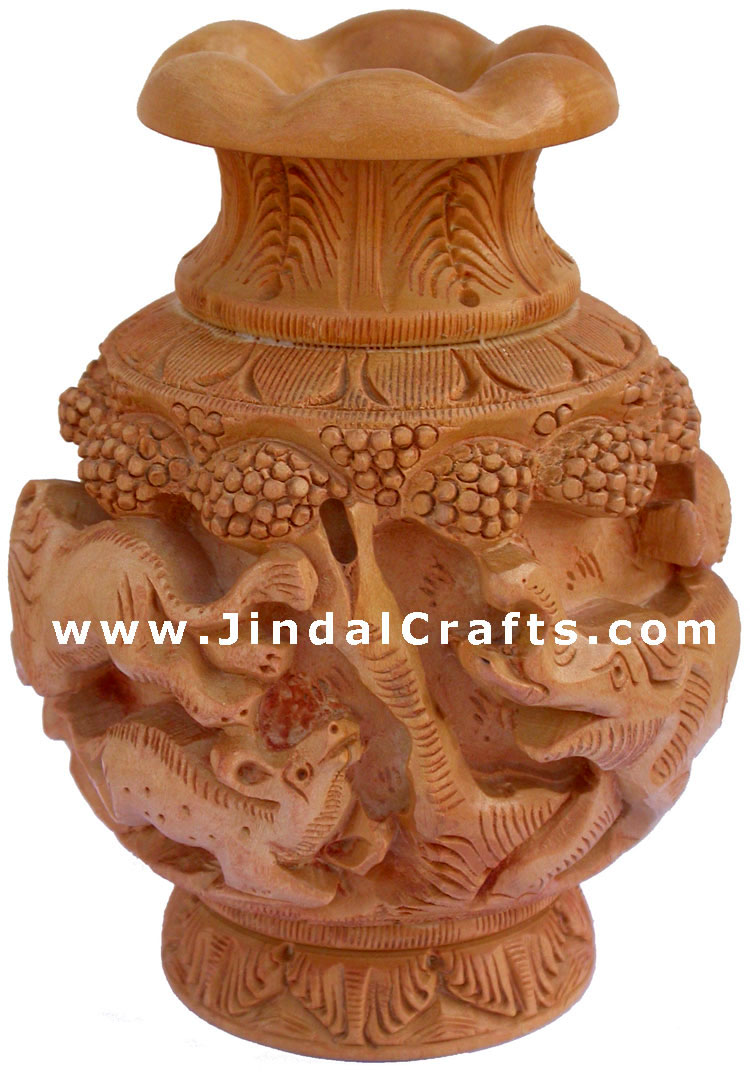 Hand Carved Wooden Decorative Vase India Fair Trade Art