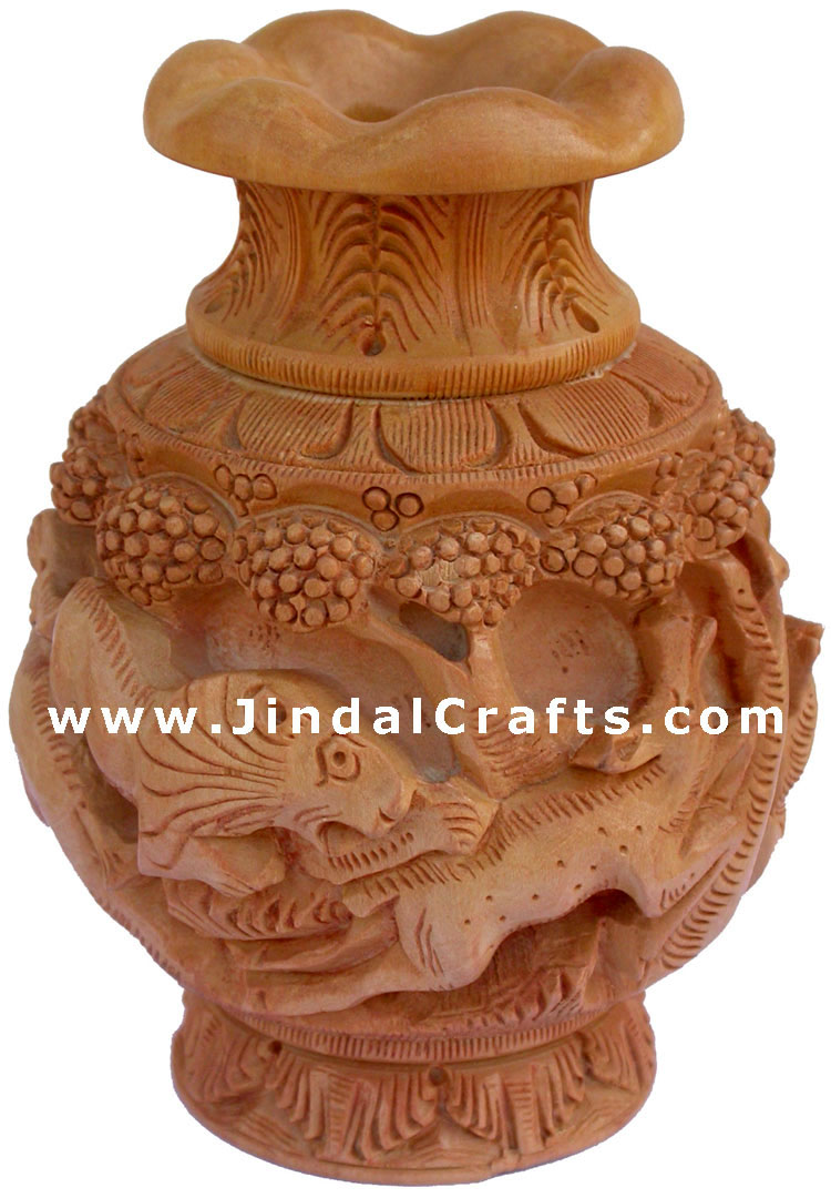 Hand Carved Wooden Decorative Vase India Fair Trade Art
