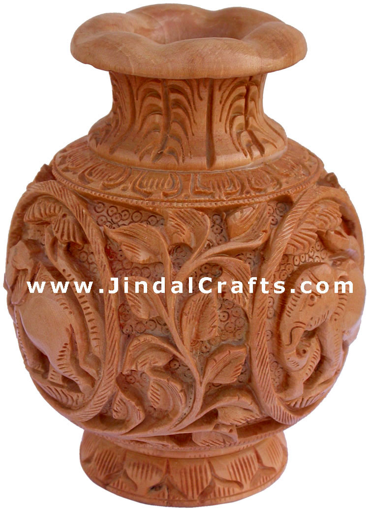 Hand Carved Wooden Decorative Vase India Fair Trade Art