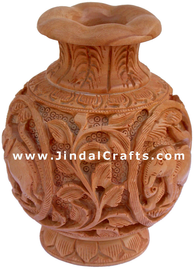 Hand Carved Wooden Decorative Vase India Fair Trade Art