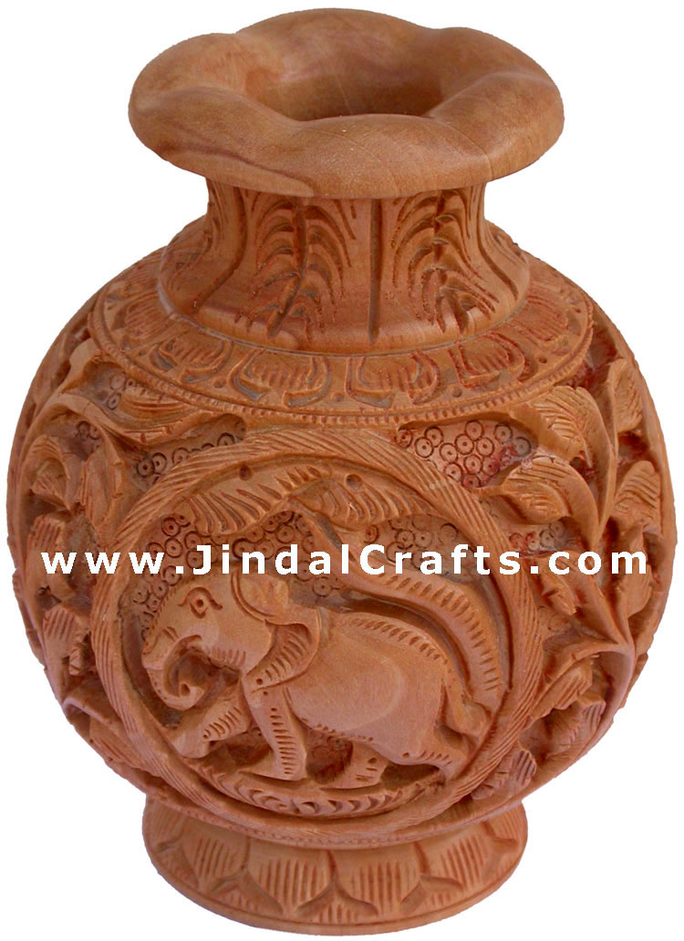 Hand Carved Wooden Decorative Vase India Fair Trade Art