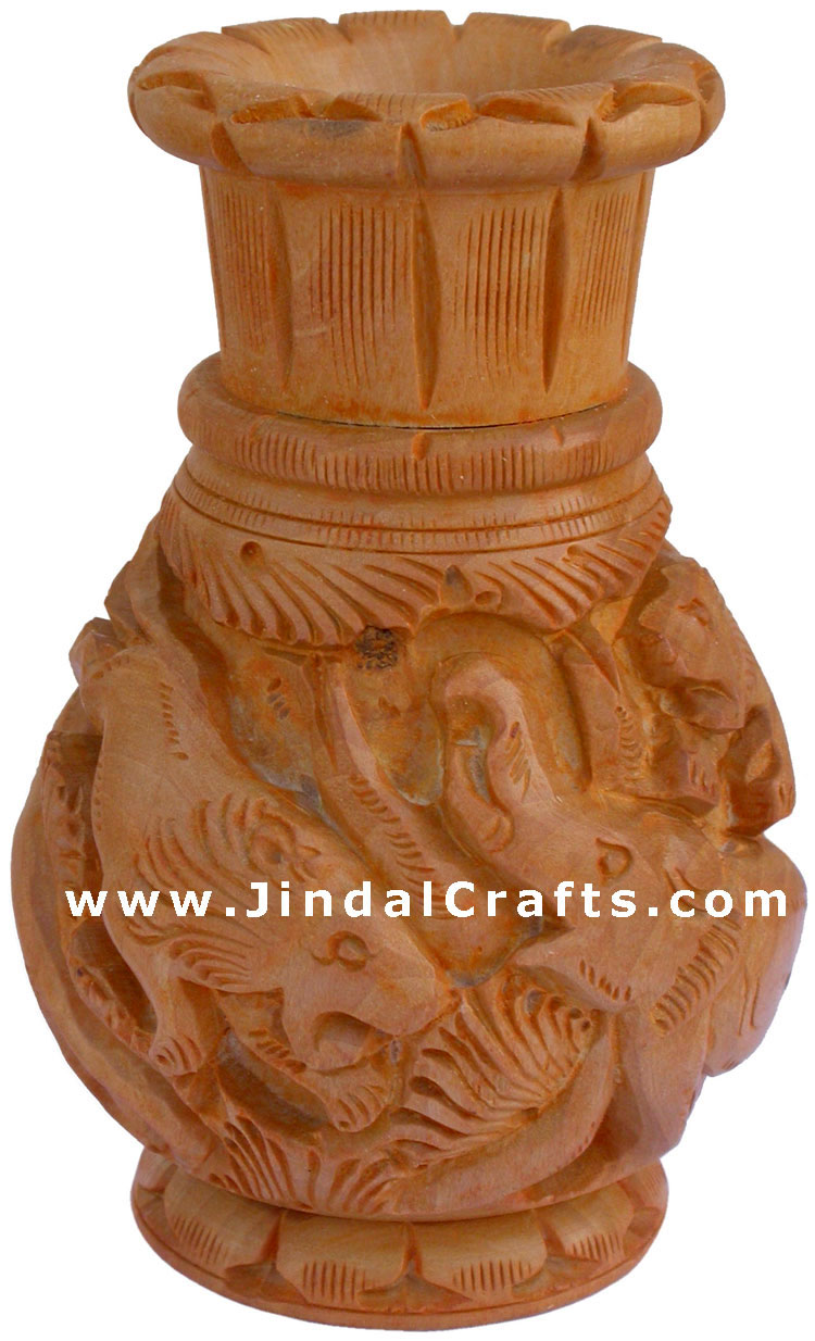 Hand Carved Wooden Decorative Vase India Fair Trade Art