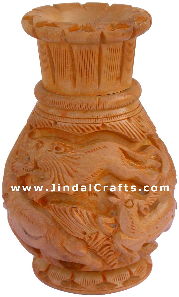 Hand Carved Wooden Decorative Vase India Fair Trade Art
