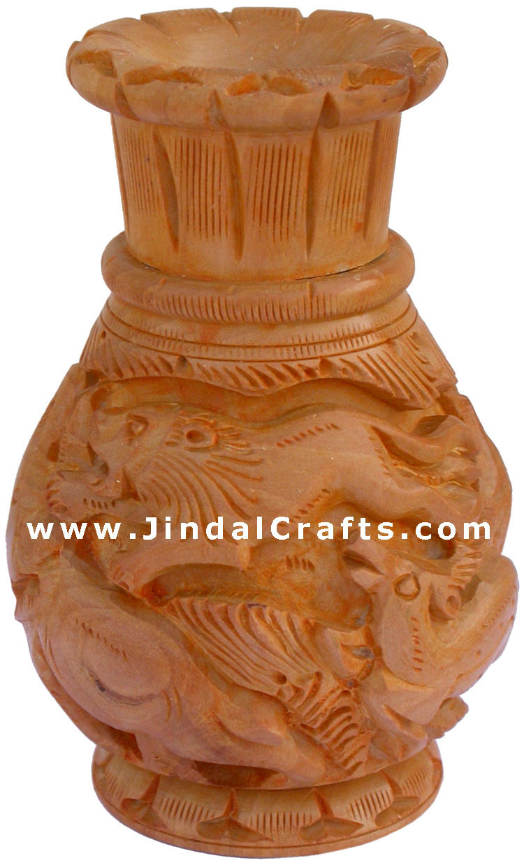 Hand Carved Wooden Decorative Vase India Fair Trade Art