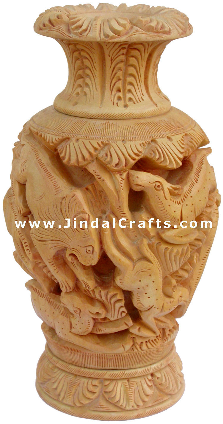 Hand Carved Wooden Decorative Vase India 3D Jungle Carving Art