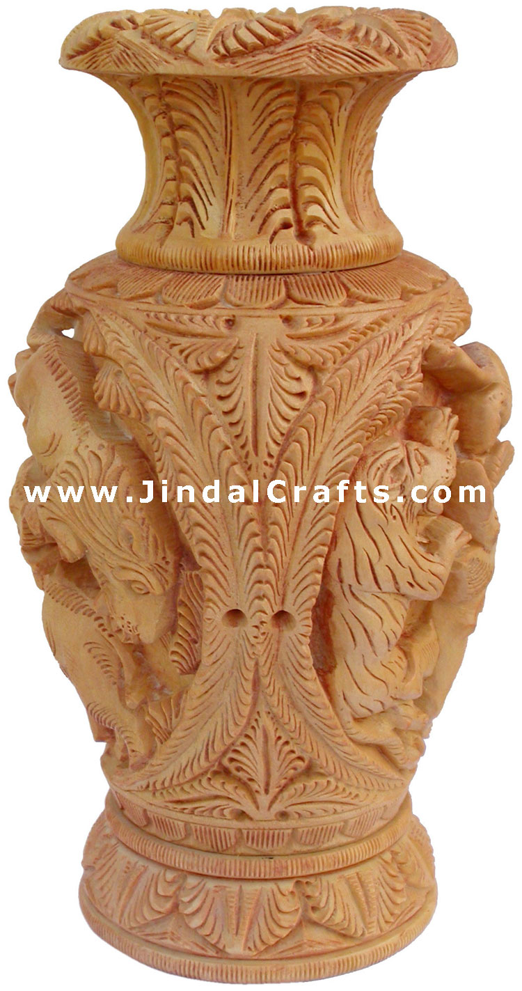 Hand Carved Wooden Decorative Vase India Fair Trade Art