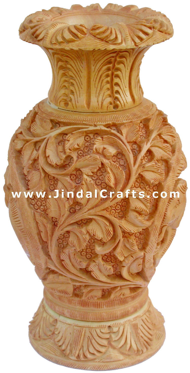 Hand Carved Wooden Decorative Vase India Fair Trade Art