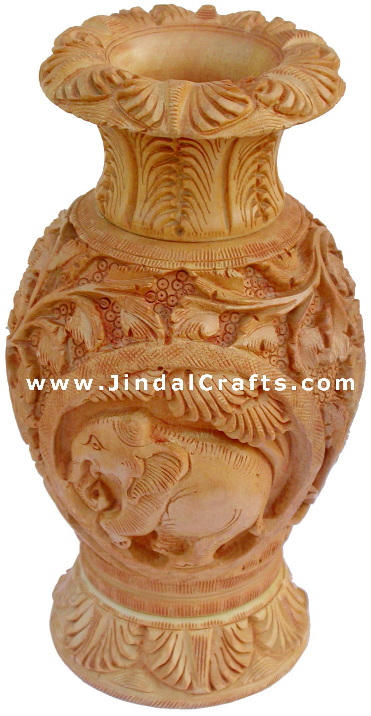 Hand Carved Wooden Decorative Vase India Fair Trade Art