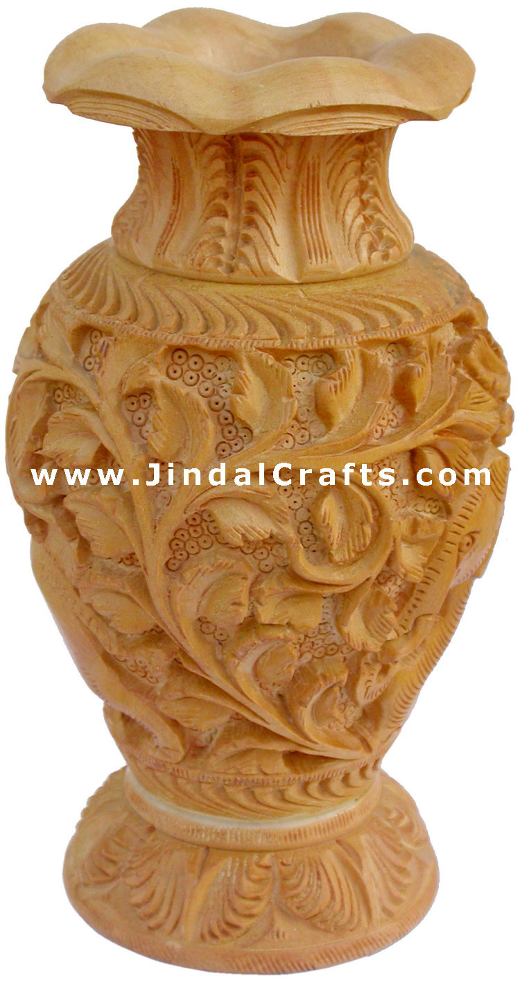 Hand Carved Wooden Decorative Vase India Fair Trade Art