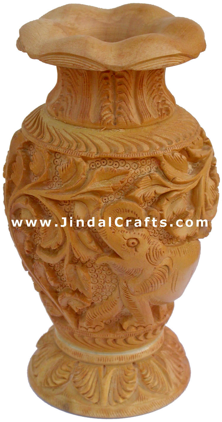 Hand Carved Wooden Decorative Vase India Fair Trade Art