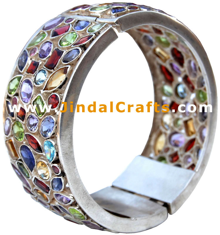 Handmade Semi Precious Stones Studded Silver Multi Colour Multi Stone Bangle Art