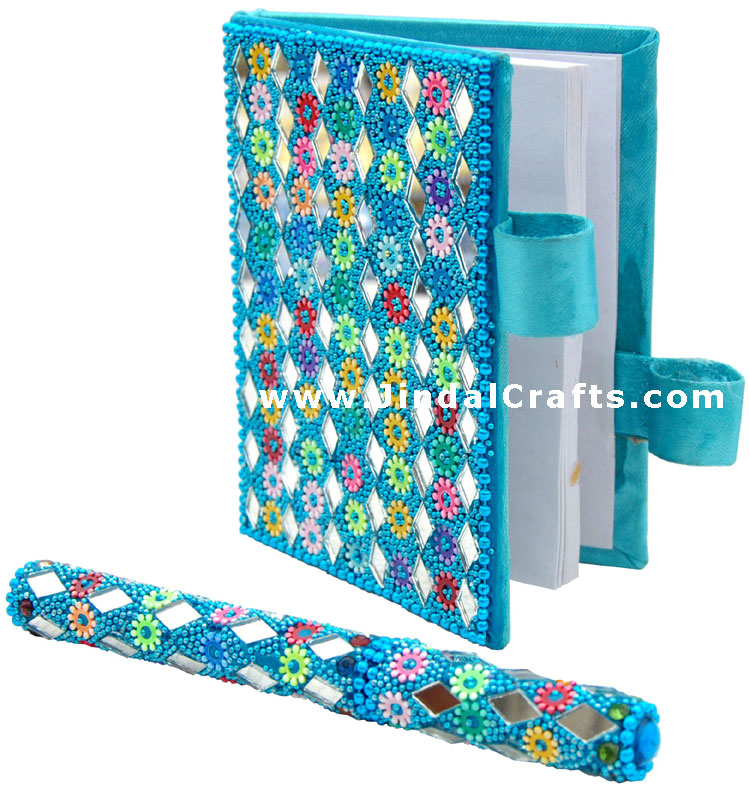 Lac Mirrors Notebook Pen Handcrafted Indian Traditional Handicraft Multicolor