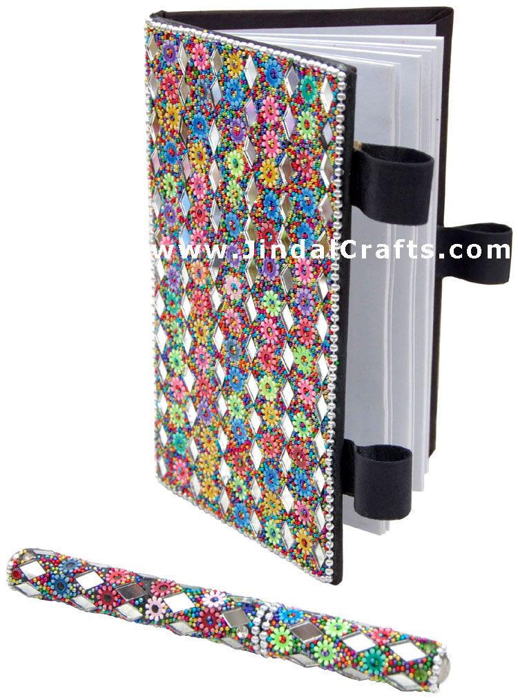 Lac Mirrors Notebook Pen Handcrafted Indian Traditional Handicraft Multicolor