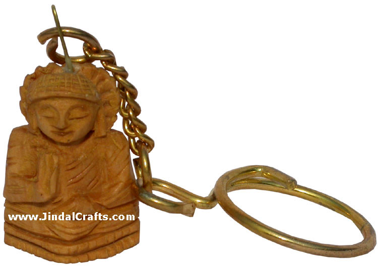 Handmade Wooden Buddha Key Chain Ring India Hand Carving Art Buddhist Handicraft