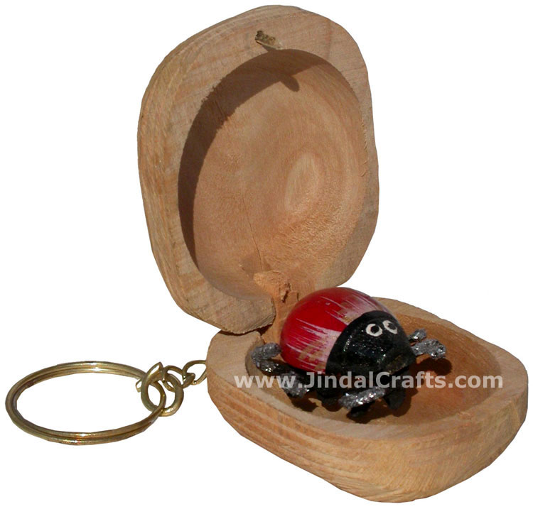 Hand Carved Surprise Wood Ladybird Key Chain Ring India Art