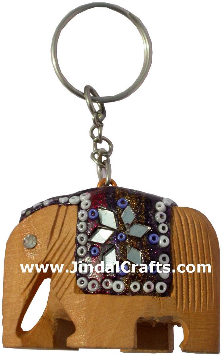 Hand Carved Wooden Elephant Key Chain Ring India Lac Work Traditional Handicraft