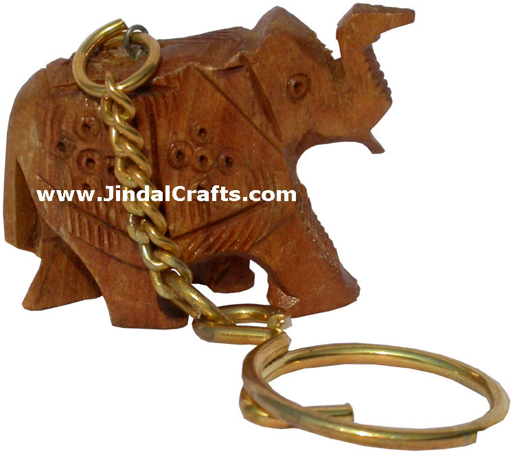 Hand Carved Wood Solid Elephant Key Chain Ring India Art Traditional Handicrafts