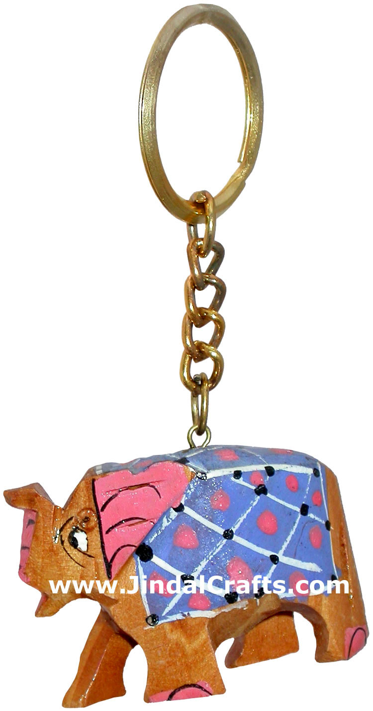 Elephant - Hand Carved Wooden Key Chain Ring India Art