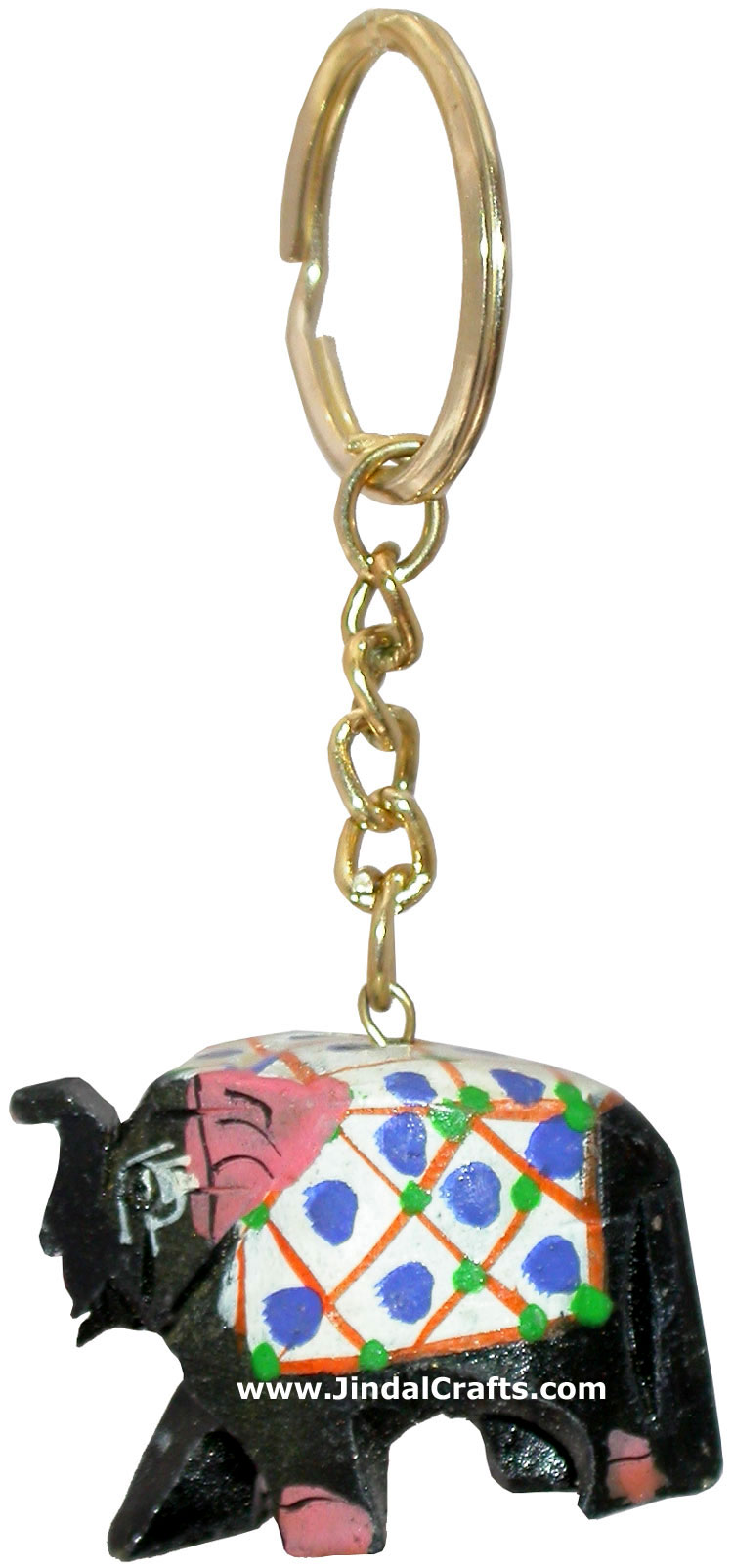 Elephant - Hand Carved Wooden Key Chain Ring India Art