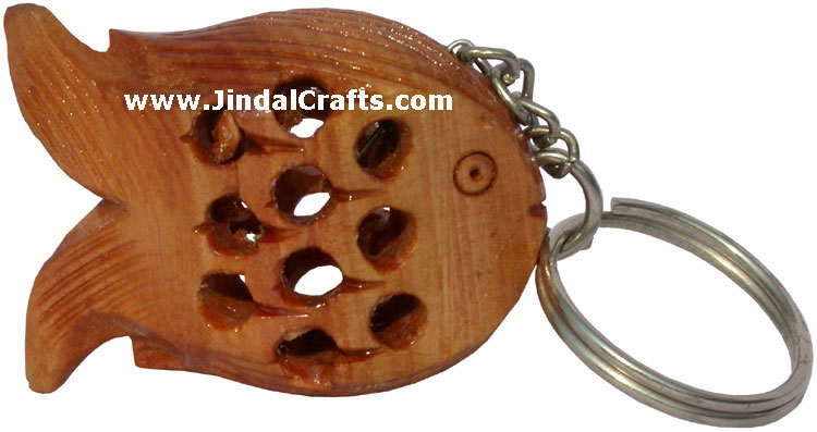 Hand Carved Wood made Indian Hollow Fish Key Chain Ring Handicraft Exclusive Art