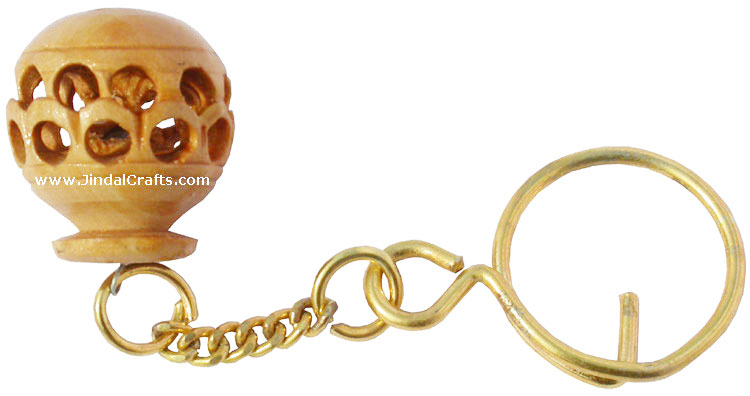 Handcarved Wooden Hollow Pitcher Key Chain Ring India Traditional Handicrafts