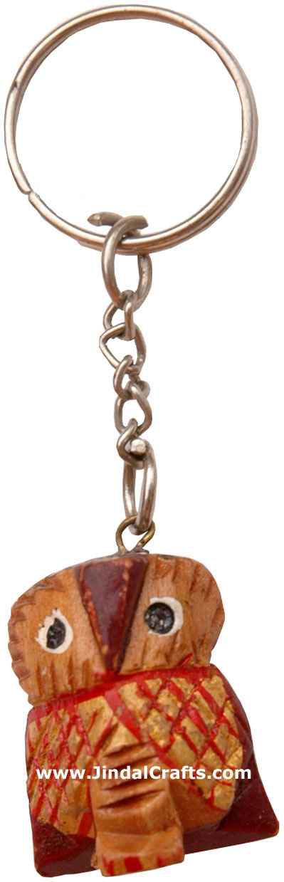 Handmade Wooden Owl Key Chain Ring India Carving Art