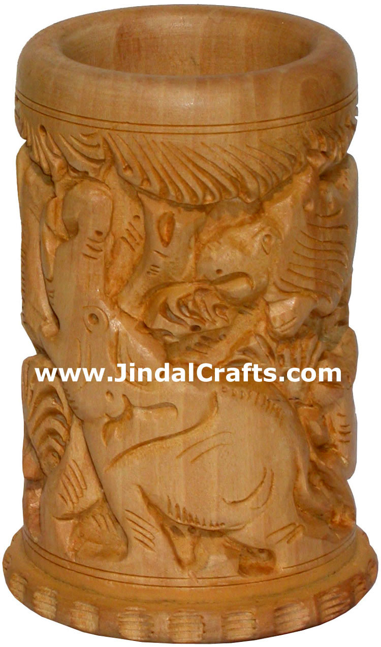 Hand Carved Kadam Wood Jungle Pen Holder Carving Handicraft Artifact Craft India
