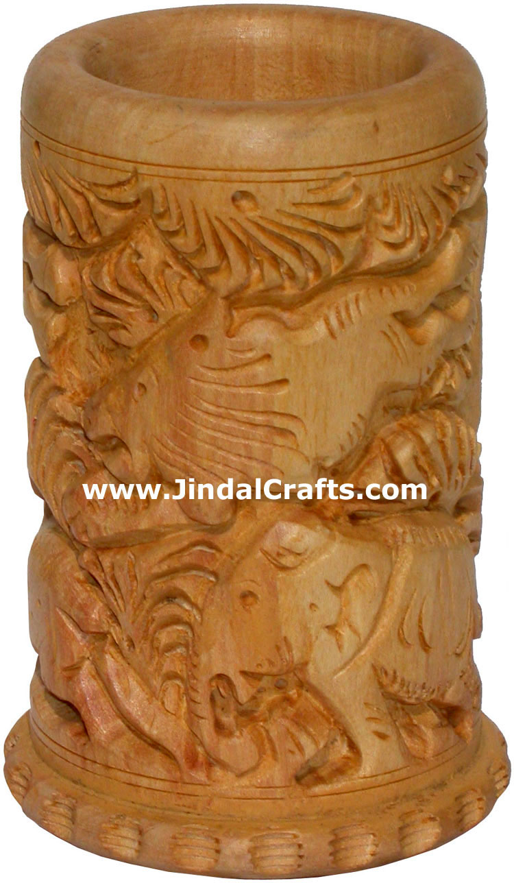 Hand Carved Kadam Wood Jungle Pen Holder Carving Handicraft Artifact Craft India