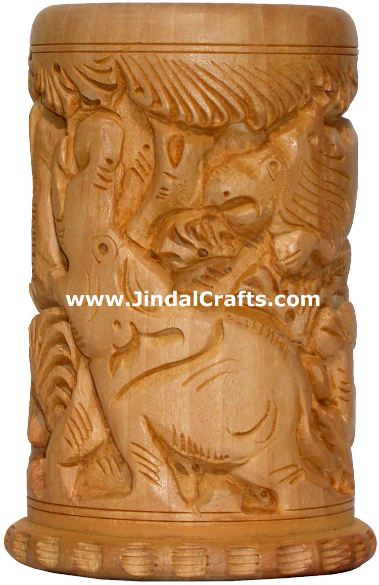 Hand Carved Kadam Wood Jungle Pen Holder Carving Handicraft Artifact Craft India
