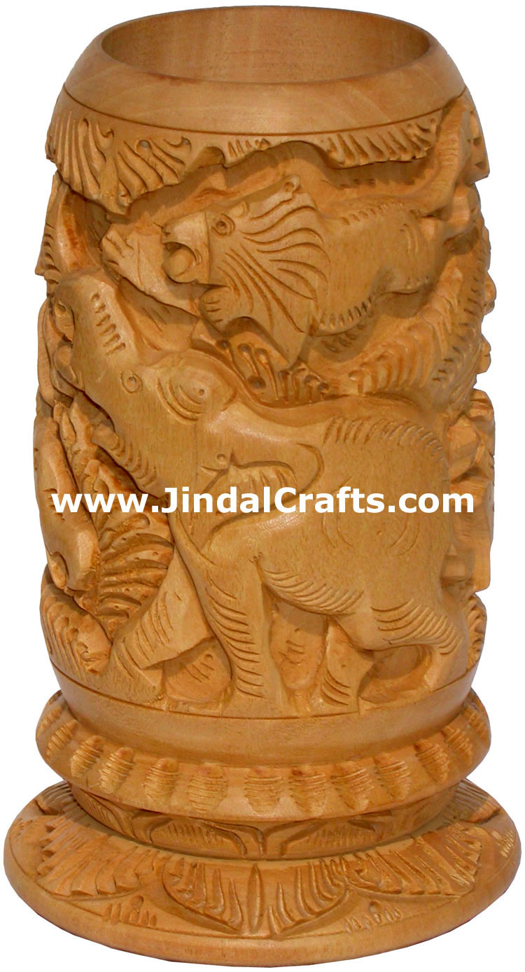 Hand Carved Kadam Wood Jungle Pen Stand