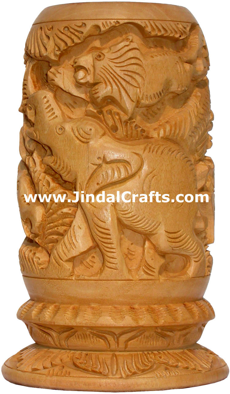 Hand Carved Kadam Wood Jungle Pen Stand